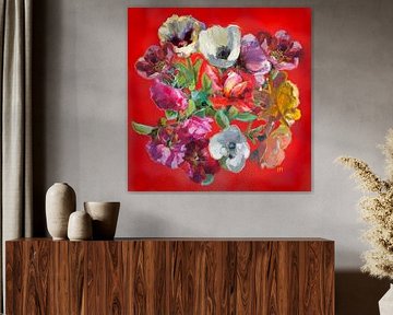 Vrolijk bloemen schilderij vol kleur en expressie