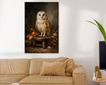 Silent Bloom - owl with flowers in still life setting