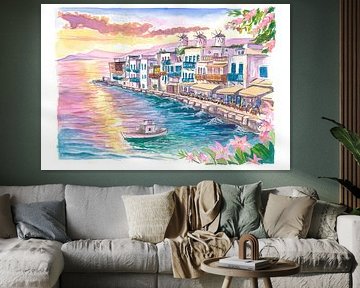 Klein Venetië Mykonos Griekenland Windmolens Restaurants bij gouden zonsondergang van Markus Bleichner