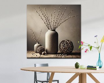 Silent Branches - painting with vase and kittens on wooden table by Kleurenrijk