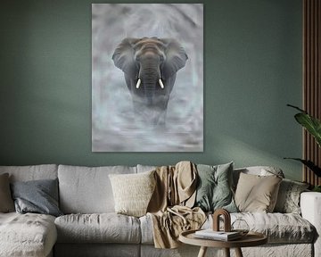 Majestic African Elephant Misty Fog Impasto Wildlife Portrait by Ramy Salah Hefny