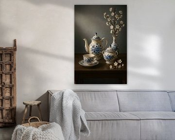 Delft Blue Harmony - painting with crockery and blossom branches by Kleurenrijk