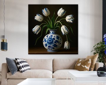 Delft Blue Tulip still - vase with white tulips by Kleurenrijk