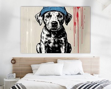 Black and white puppy with hat by Art & Soul Creations
