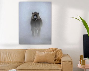 Majestic Baboon Misty Fog Impasto Wildlife Portrait by Ramy Salah Hefny