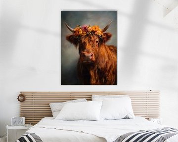 Schotse hooglander met bloemenkroon in warme tinten