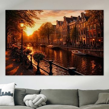 Gracht von Amsterdam bei Sonnenuntergang in warmen Farben