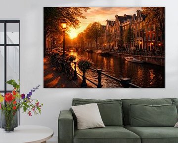 Canal d'Amsterdam au coucher du soleil dans des couleurs chaudes