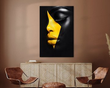 Female face close-up with yellow triangle