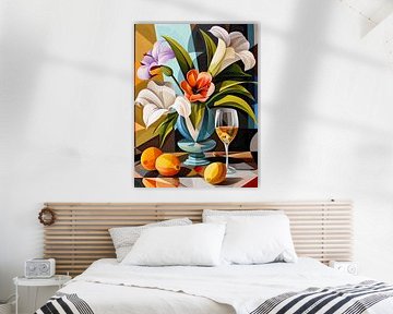 Art Deco Still Life with Flowers and Wine in the Style of Tamara de Lempicka by Roger VDB
