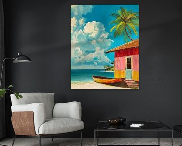 Caribbean Fisherman's cottage by the sea with rowboat and palm tree by Roger VDB