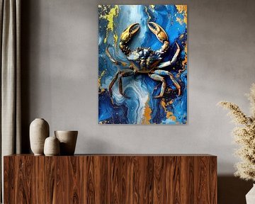 Koningskrab - krab in donkerblauwe tinten en glinsterend goud voor een gestileerde marmeren plaat - uit een serie schaaldieren