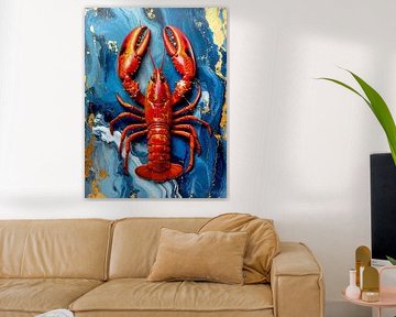 Kreeft - Rode kreeft met grote scharen in felrood en glinsterend goud op gemarmerd blauw - uit een reeks schaaldieren