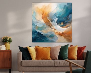 Abstracte weergave van warme tinten, koele blauwtinten en crèmekleuren.