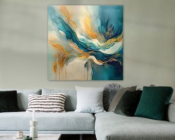 Abstracte weergave van warme tinten, koele blauwtinten en crèmekleuren.