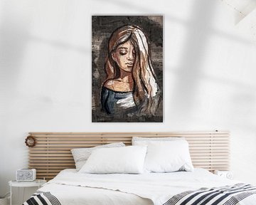 Expressief vrouwelijk portret – Mixed media kunst met muzikale gelaagdheid van Emiel de Lange