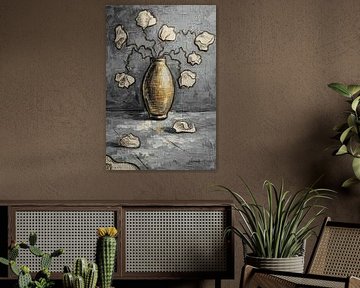 Abstract stilleven met vaas en bloemen – Gelaagde mixed media kunst van Emiel de Lange