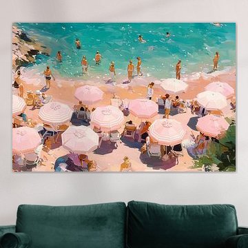 Mediterraner Sommerstrand in Pastellfarben - Azurblaues Meer und Sonnenschirme von Roger VDB