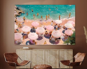 Mediterranean Summer Beach in Pastel Colours - Azure Sea and Parasols by Roger VDB