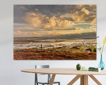 Vlieland. Un randonneur traverse les vasières à marée basse. sur Frans Lemmens