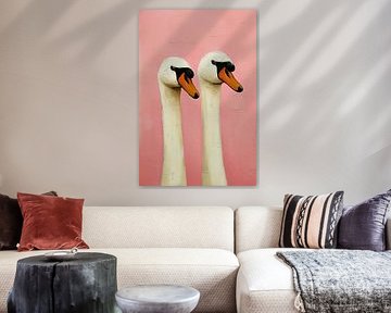 Two Swans in Pink Pastel - Minimalist Animal Portrait by Roger VDB