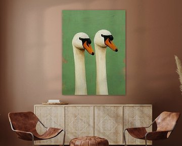 Two Swans in a retro green background - Minimalist Animal Portrait by Roger VDB