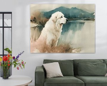Lake Watcher | Pyrenean Mountain Dog at Mountain Lake by Karina Brouwer