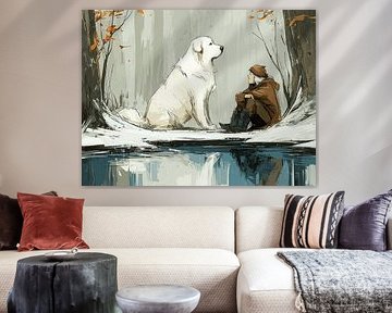 Winter Whisper - Man and Pyrenean Mountain Dog at Lake Forest by Karina Brouwer