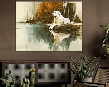 Autumn Reflections | Pyrenean Mountain Dog at Lake Forest by Karina Brouwer