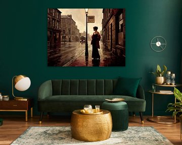 Woman in Red Shawl on Rainy Street
