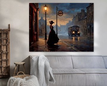 Misty Street Scene with Woman and Bus