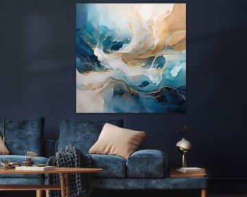 Abstract werk van warme tinten, koele blauwtinten en crèmekleuren.