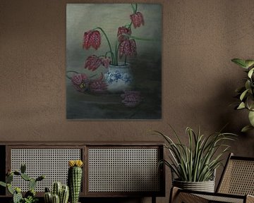 Still life with chequerboard flowers, Fritillaria meleagris by Helga Pohlen - ThingArt