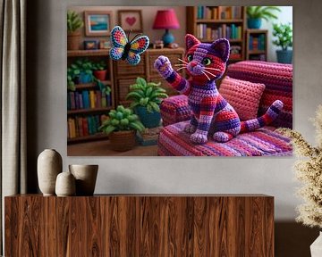 Cheerful crochet cat with butterfly