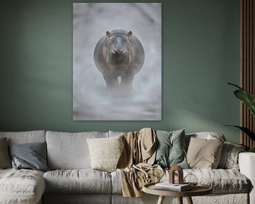 Majestic Hippopotamus Misty Fog Impasto Wildlife Portrait by Ramy Salah Hefny