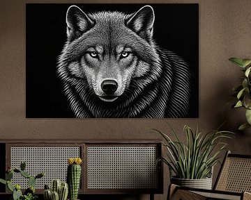 Monochromer Wolfskopf mit Linienwerk von Art & Soul Creations