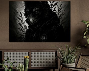 Dark wolf portrait with leaves by Imperial Art House