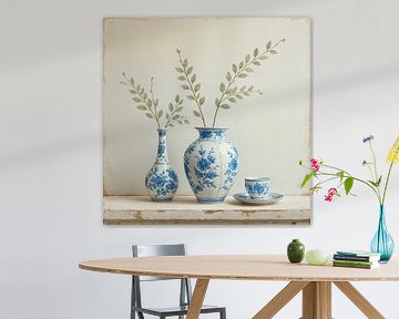 Delft Blue in Soft Balance - delft blue still life painting with vases and botanical branches by Kleurenrijk