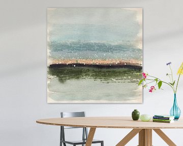 Abstrakte Aquarellmalerei im minimalistischen Stil. Landschaft in Grün, Blau, Koralle von Dina Dankers