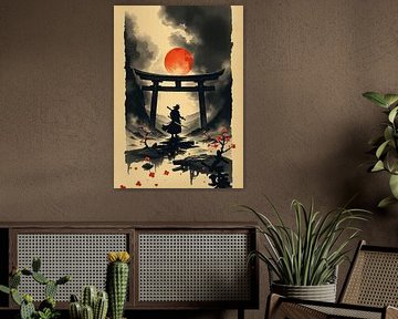 Silhouette de samouraï sous la lune rouge