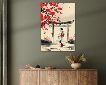 Femme japonaise en kimono avec des fleurs de cerisier