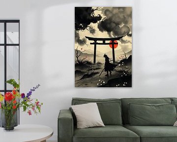 Peinture à l'encre de samouraï avec porte Torii