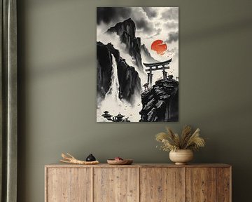 Paysage japonais avec porte Torii et cascade