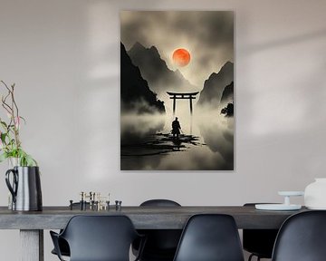 Samouraï à la porte Torii avec le soleil levant