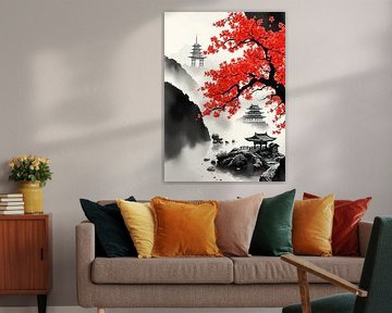 Paysage japonais avec pagodes et feuilles rouges