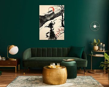 Paysage à l'encre de samouraï Ronin japonais - Art intemporel inspiré de Sumi-e