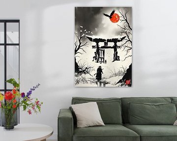 Samouraï japonais Style Sumi-e Paysage japonais Artwork