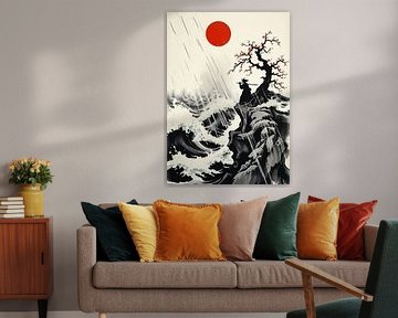 Samouraï japonais - Paysage atmosphérique à l'encre japonaise