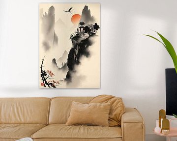 Peinture à l'encre japonaise paysage - Art de la sérénité culturelle