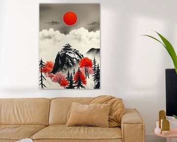 Art mural japonais intemporel Sumi-e Landscape